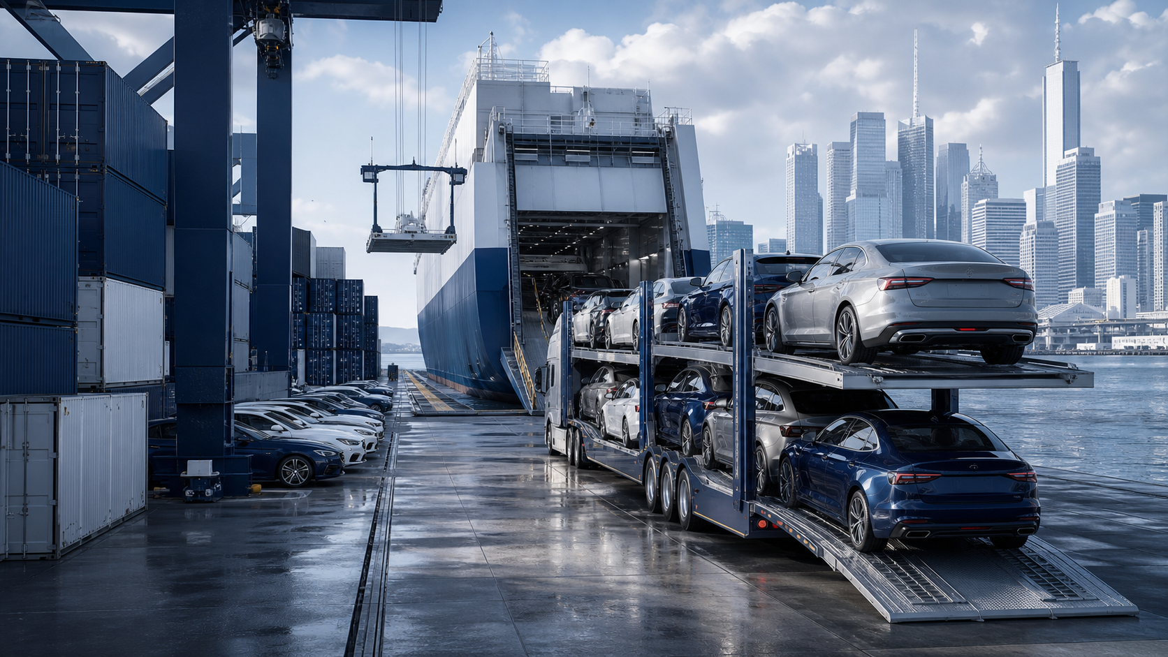 3D-Rendering eines Containerterminals mit Autotransporter fuer den Autoexport Frankfurt