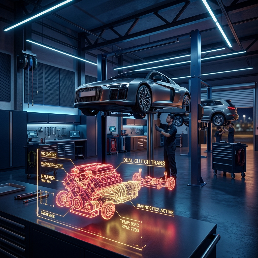 3D-Rendering einer Werkstatt mit Diagnose-Hologramm für Getriebeschaden-Export